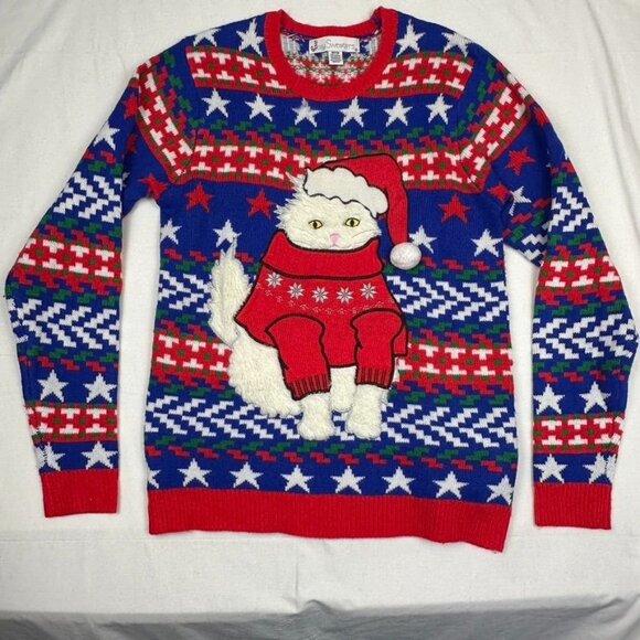 Jolly Sweaters Women's Sz M Christmas Cat‎ Ugly Sweater Red/Blue/Green Patriotic - Picture 1 of 6